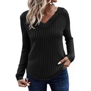 Tankaneo Womens Lace V Neck Tunic Top Black Ribbed Knit Long Sleeve Shirt Size M